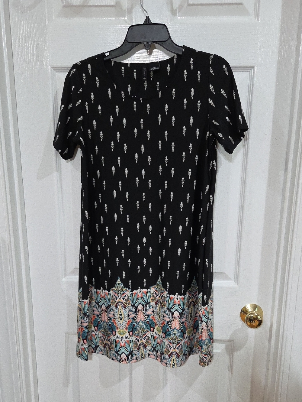 Black Short-Sleeve Mini Dress with Coral & Teal Border